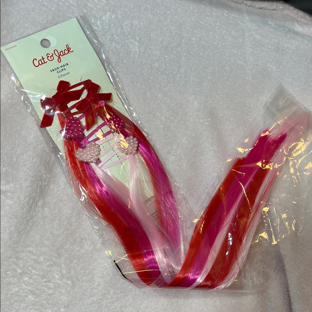 💘 Hair Extensions- Cat & Jack Valentine Faux Hair Clip-Ins + Heart Clips | NWT